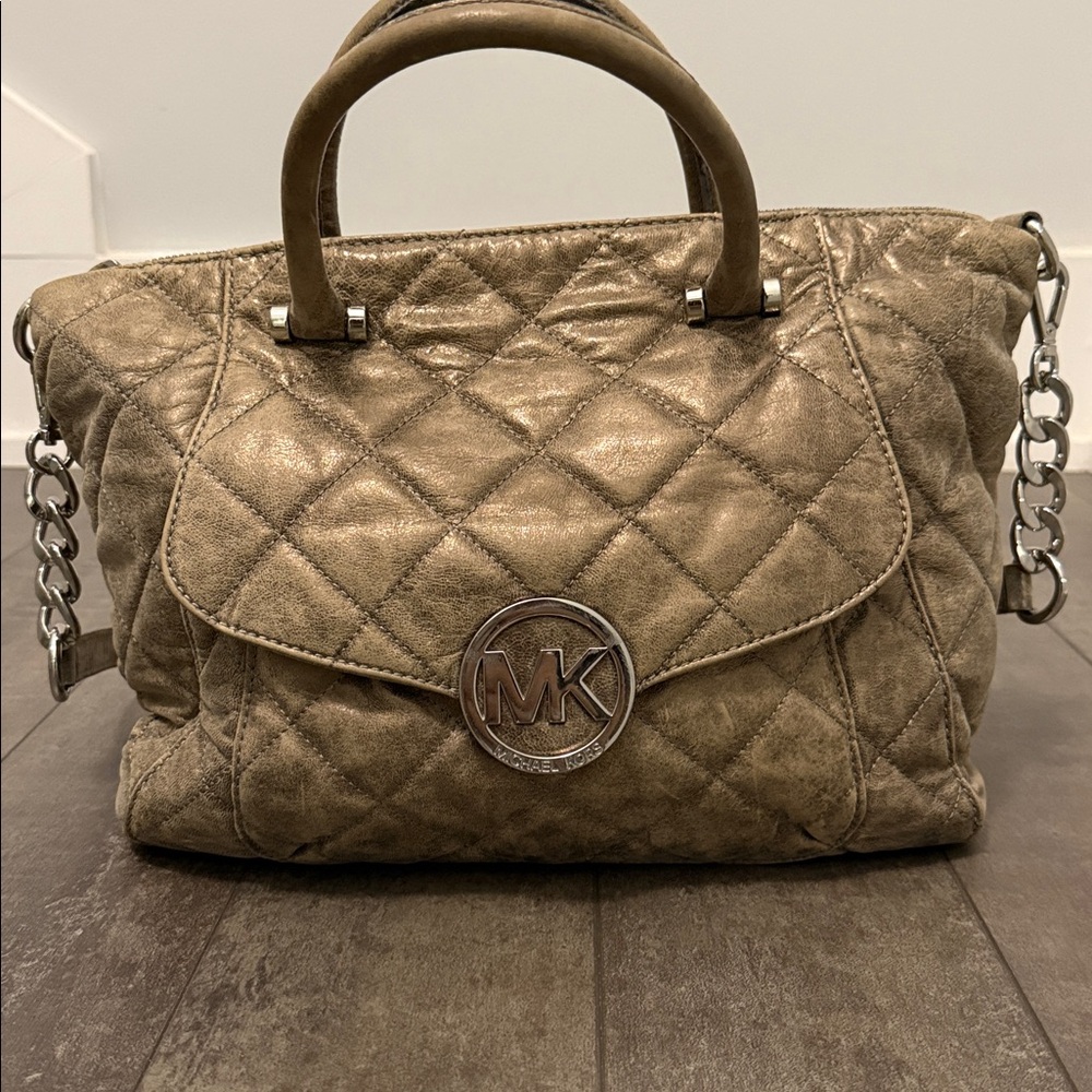 Michael Kors “Fulton” Distressed Leather Quilted Hobo Bag
